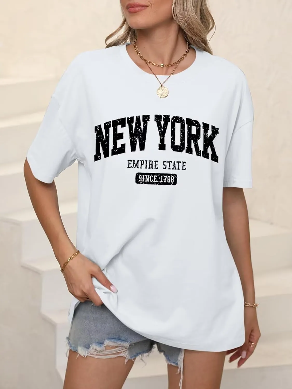ORANDESIGNE Womens Oversized Graphic Print Short Sleeve Tunic Tops Crew Neck Casual Drop Shoulder T Shirts