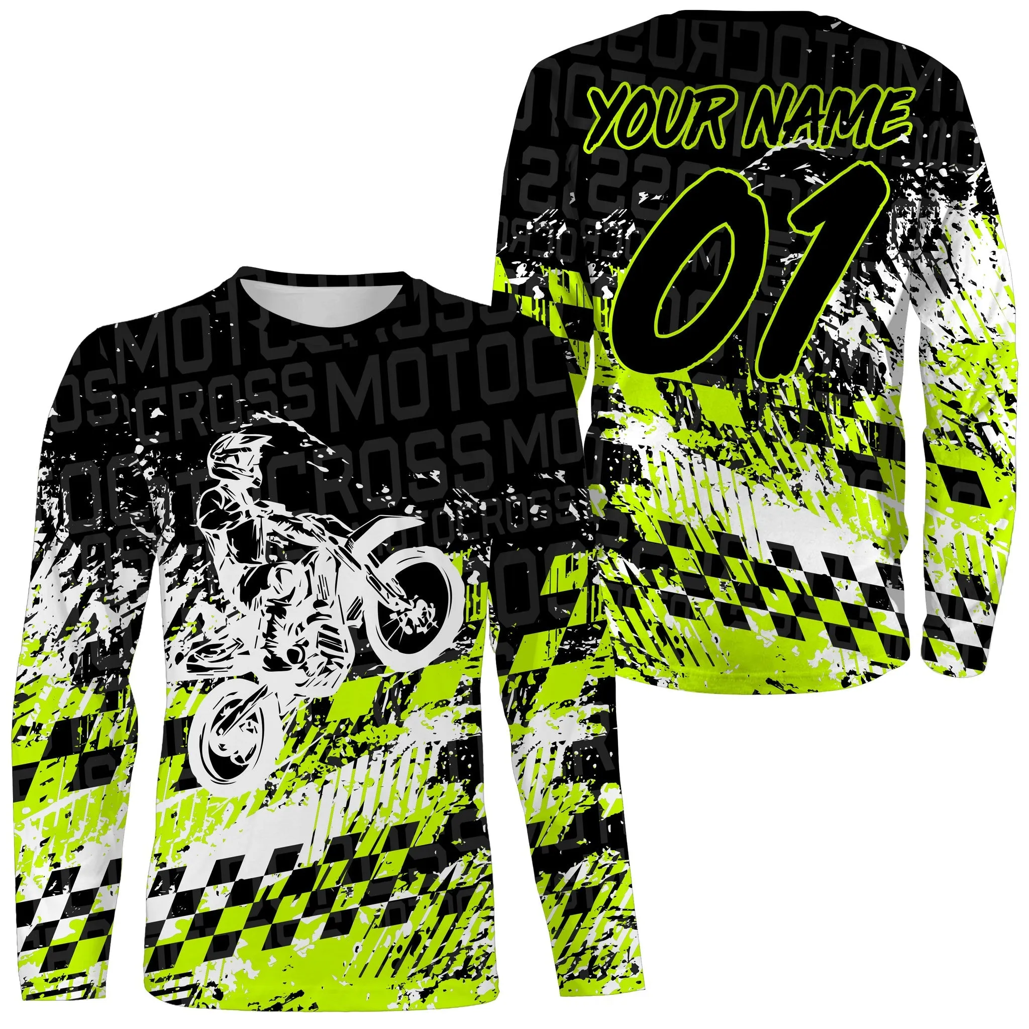 Personalized Motocross Black Green Jersey Custom Number Tire Track Motorcycle Shirt Off-Road Dirt Bike Racing 3D Long Sleeve