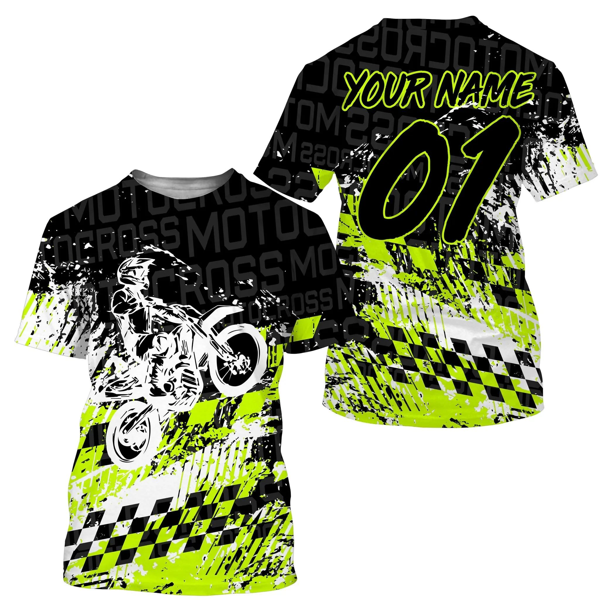 Personalized Motocross Black Green Jersey Custom Number Tire Track Motorcycle Shirt Off-Road Dirt Bike Racing 3D Long Sleeve