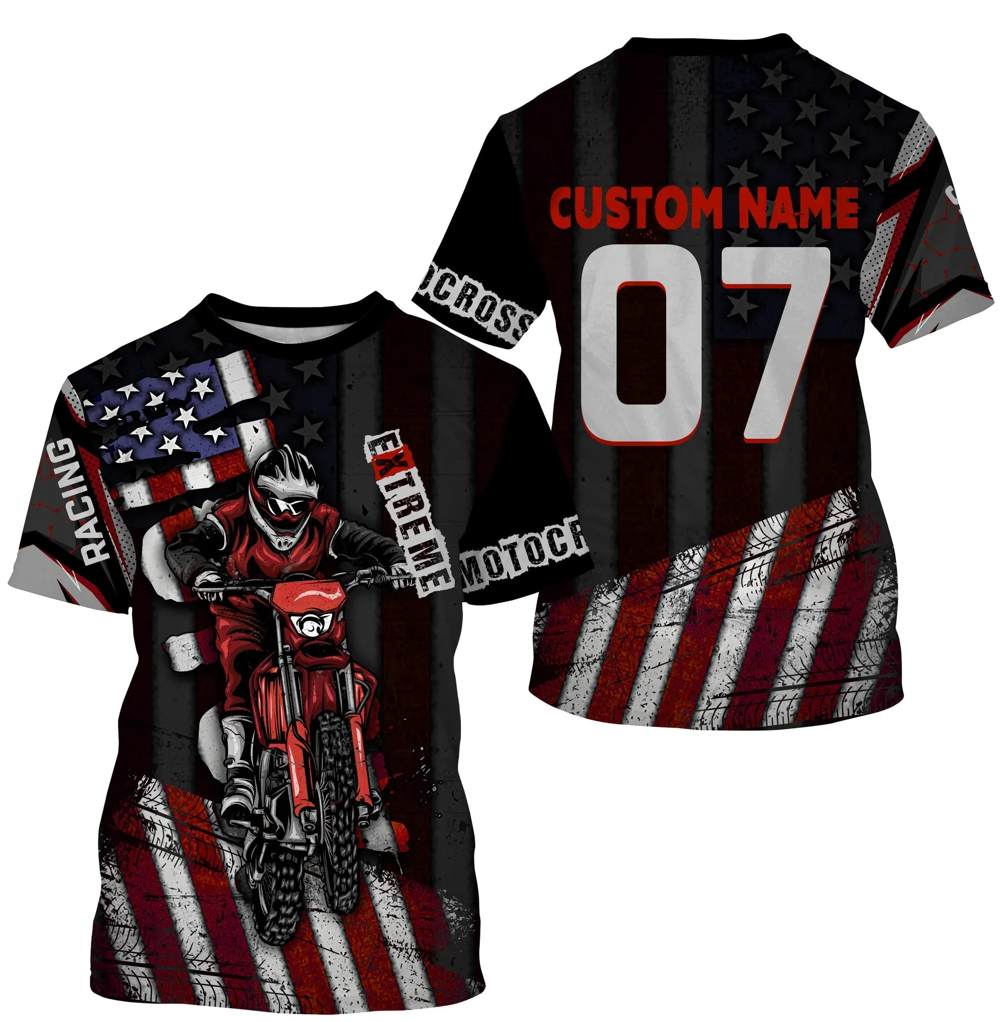 Personalized Motocross Jersey American Flag Dirt Bike Racing Long Sleeve Shirt, Off-Road Rider Racewear