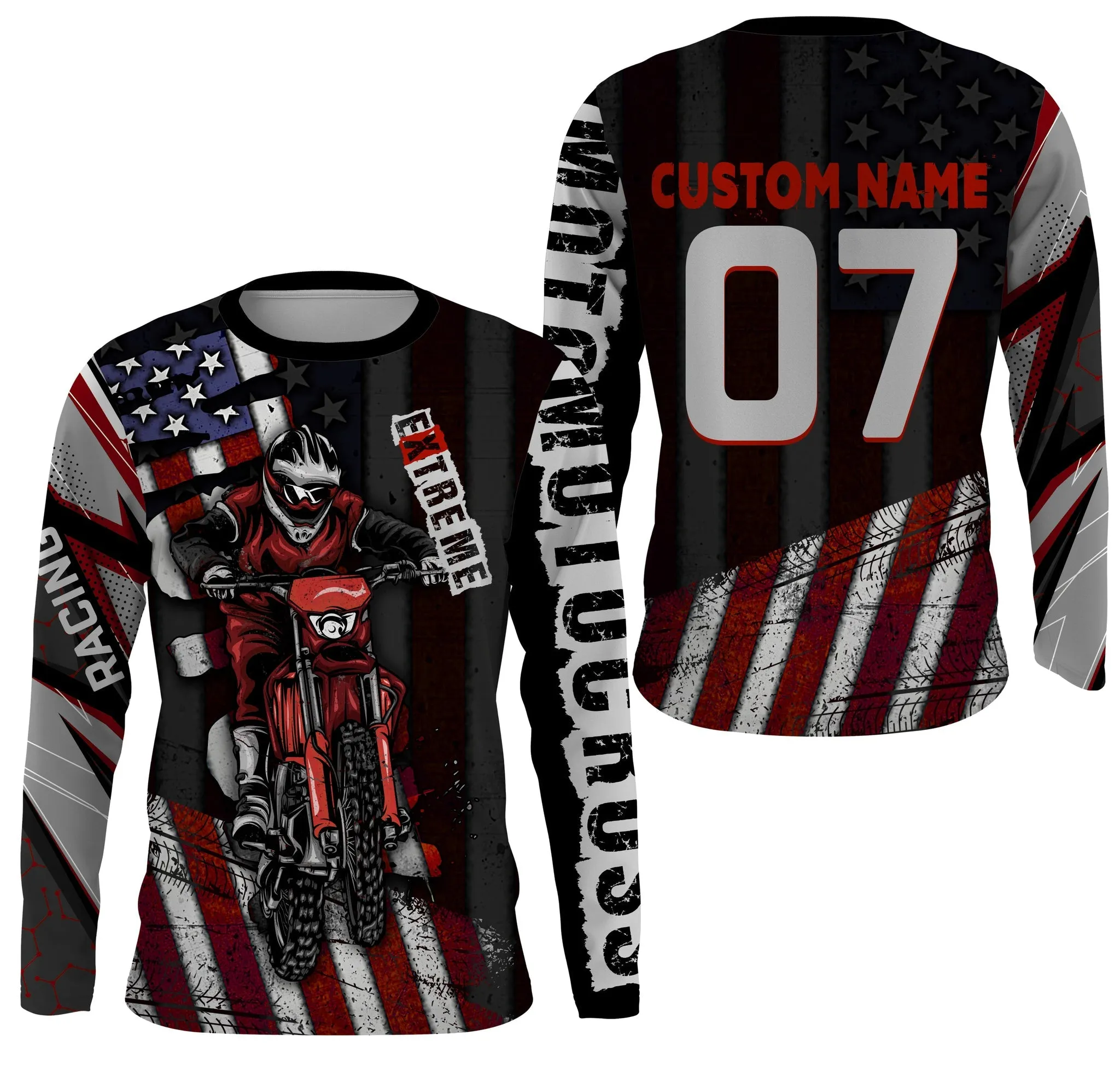 Personalized Motocross Jersey American Flag Dirt Bike Racing Long Sleeve Shirt, Off-Road Rider Racewear