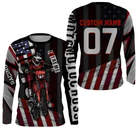 Personalized Motocross Jersey American Flag Dirt Bike Racing Long Sleeve Shirt, Off-Road Rider Racewear