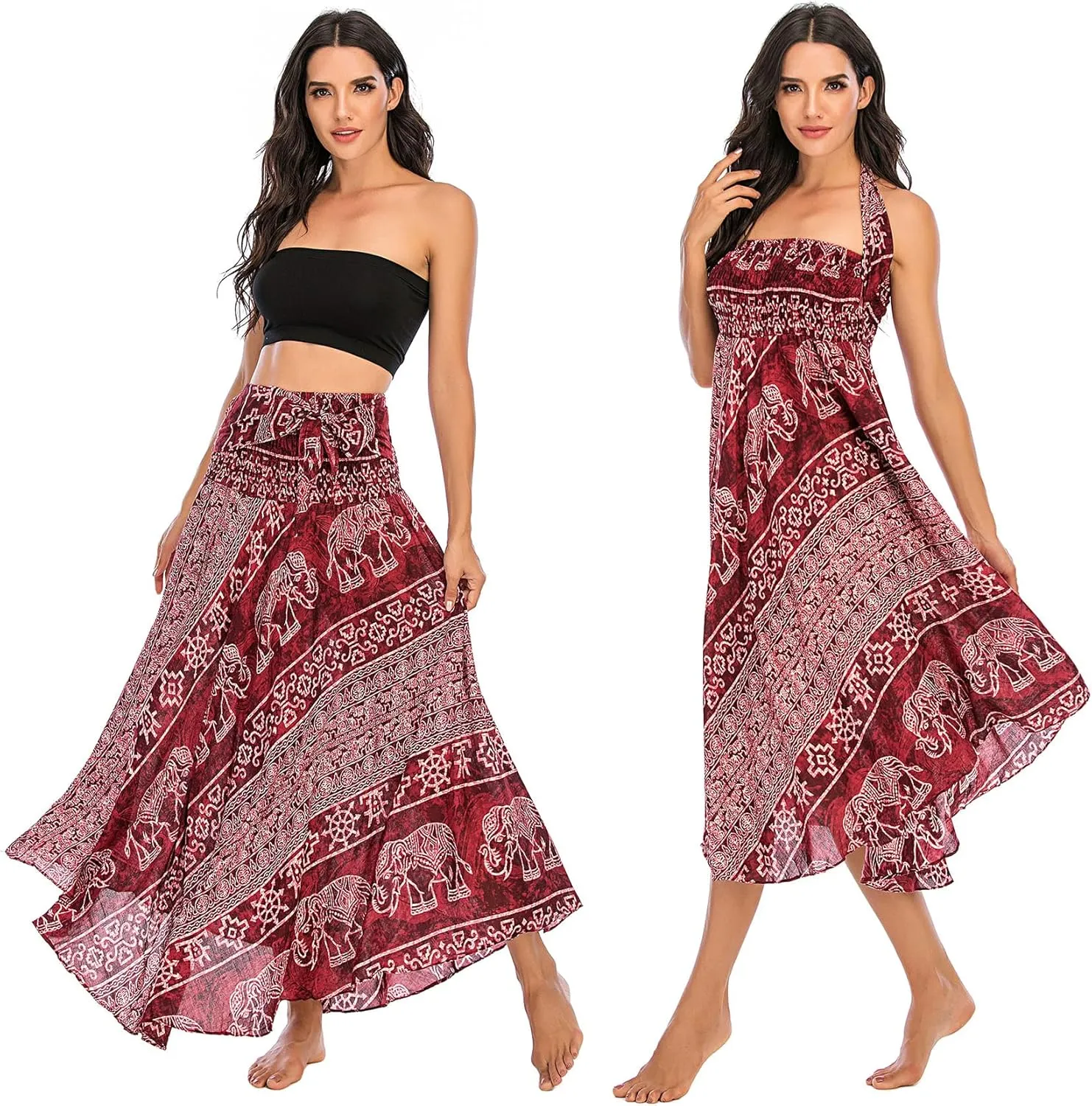 PNKJ Women Boho Elephant Print Hippie Maxi Long Skirt Bohemian Summer Casual Beach Dress