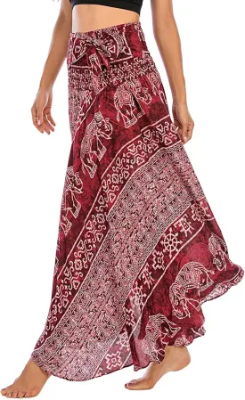 PNKJ Women Boho Elephant Print Hippie Maxi Long Skirt Bohemian Summer Casual Beach Dress