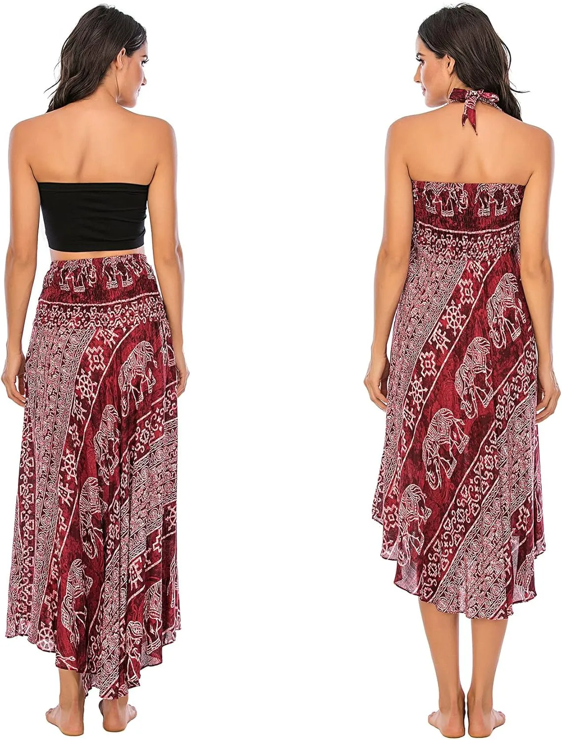 PNKJ Women Boho Elephant Print Hippie Maxi Long Skirt Bohemian Summer Casual Beach Dress