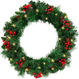 premium 24' Pre-Lit Artificial Christmas Wreaths for Front Door Decorated with Pine Cones, Red Berries, Frosted Branches, 50 LED Lights for Indoor Outdoor Christmas Decorations
