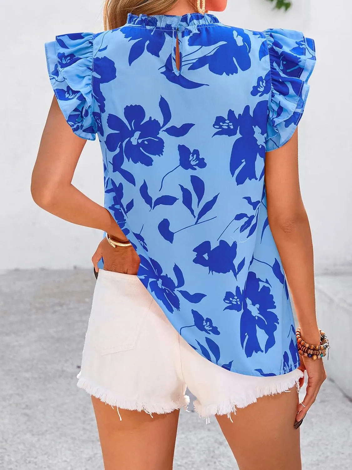 PRETTYGARDEN Women's Ruffle Short Sleeve Summer Tops 2025 Trendy Floral Trim Neck Casual Dressy Chiffon Boho Blouses Shirts