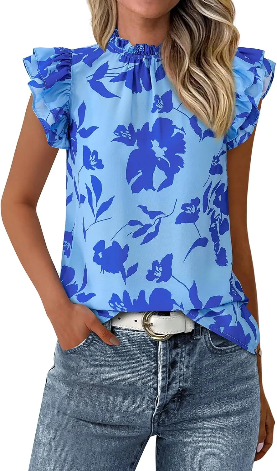 PRETTYGARDEN Women's Ruffle Short Sleeve Summer Tops 2025 Trendy Floral Trim Neck Casual Dressy Chiffon Boho Blouses Shirts