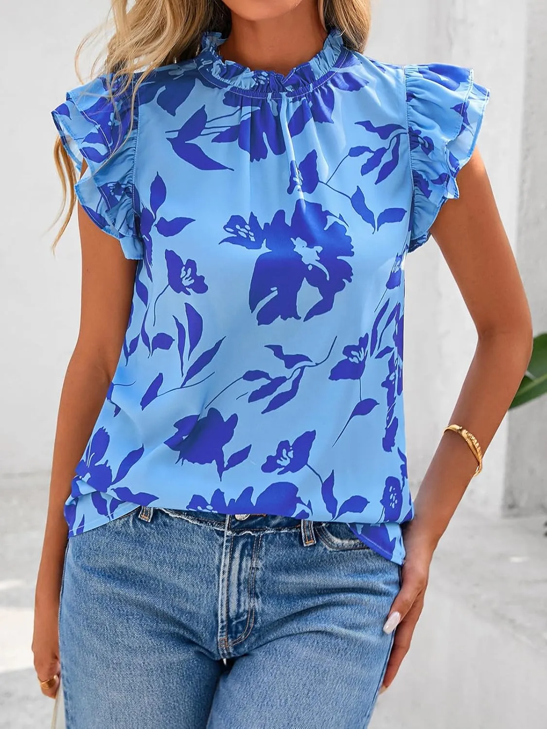 PRETTYGARDEN Women's Ruffle Short Sleeve Summer Tops 2025 Trendy Floral Trim Neck Casual Dressy Chiffon Boho Blouses Shirts