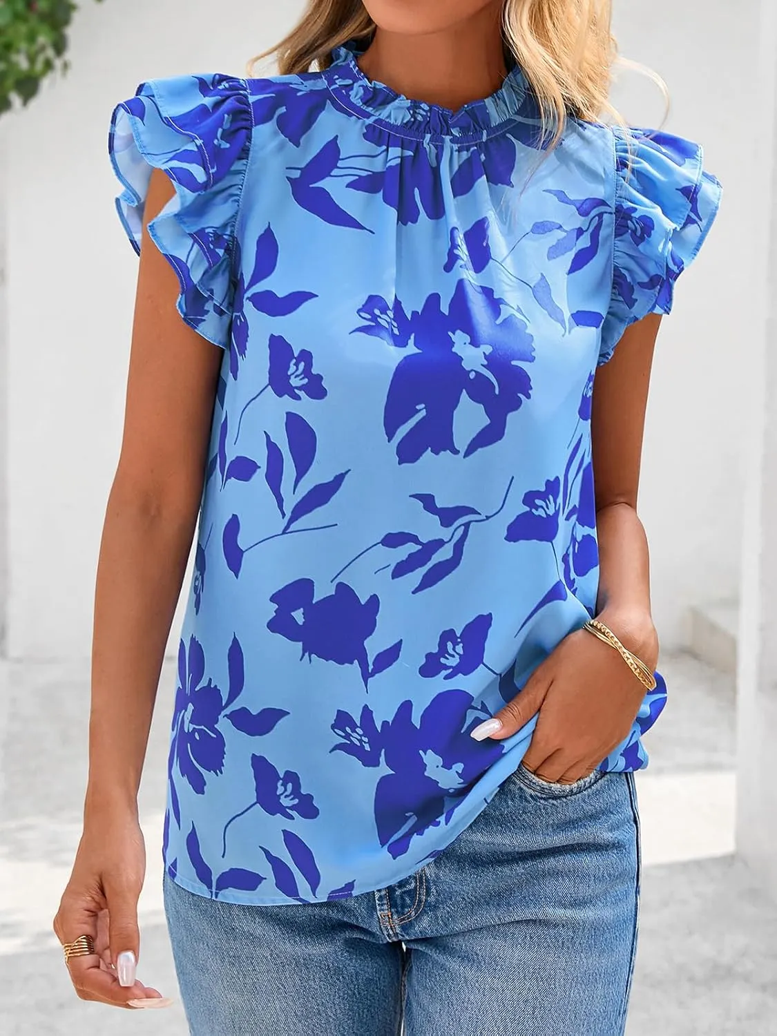 PRETTYGARDEN Women's Ruffle Short Sleeve Summer Tops 2025 Trendy Floral Trim Neck Casual Dressy Chiffon Boho Blouses Shirts