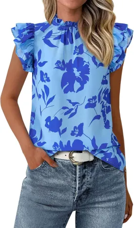 PRETTYGARDEN Women's Ruffle Short Sleeve Summer Tops 2025 Trendy Floral Trim Neck Casual Dressy Chiffon Boho Blouses Shirts