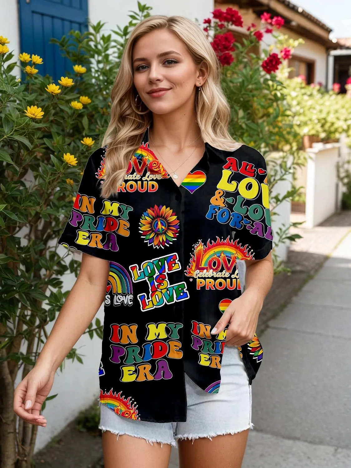 Pride Shirt for Women Lesbian Rainbow Heart Graphic Tshirt LGBTQ Equality Hawaiian Button Down Tee Tops
