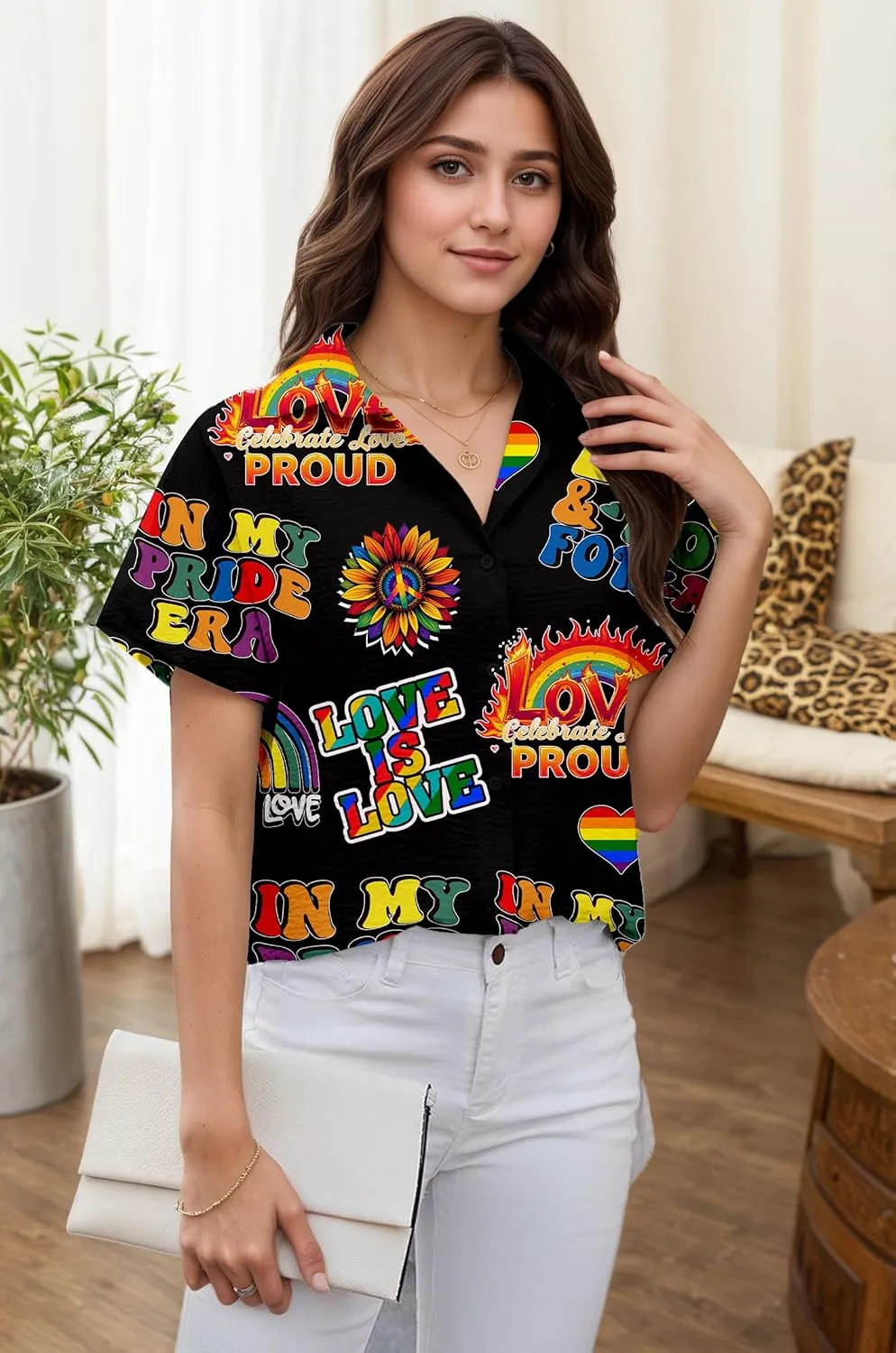 Pride Shirt for Women Lesbian Rainbow Heart Graphic Tshirt LGBTQ Equality Hawaiian Button Down Tee Tops