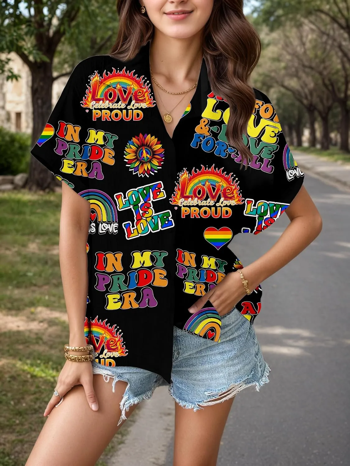 Pride Shirt for Women Lesbian Rainbow Heart Graphic Tshirt LGBTQ Equality Hawaiian Button Down Tee Tops