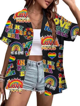 Pride Shirt for Women Lesbian Rainbow Heart Graphic Tshirt LGBTQ Equality Hawaiian Button Down Tee Tops