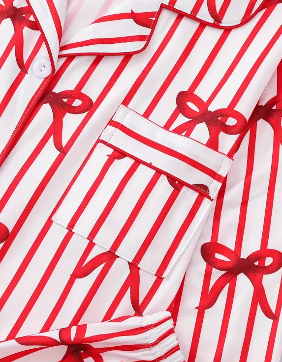 Red & White Striped Bow Christmas Pyjama Set