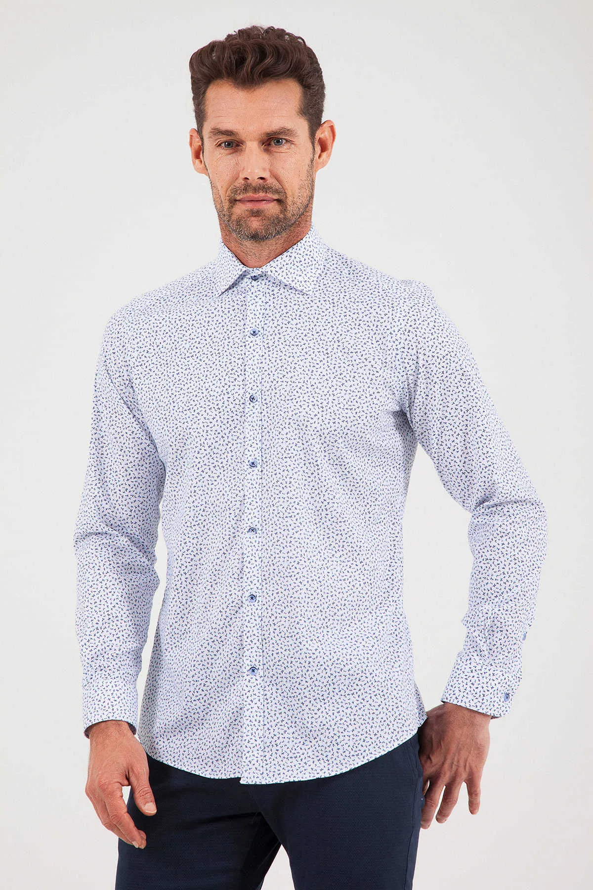 Regular Fit Printed Cotton Blend Blue Casual Shirt