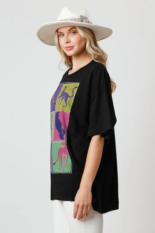 Rhinestone Safari Black Colorblock Tee