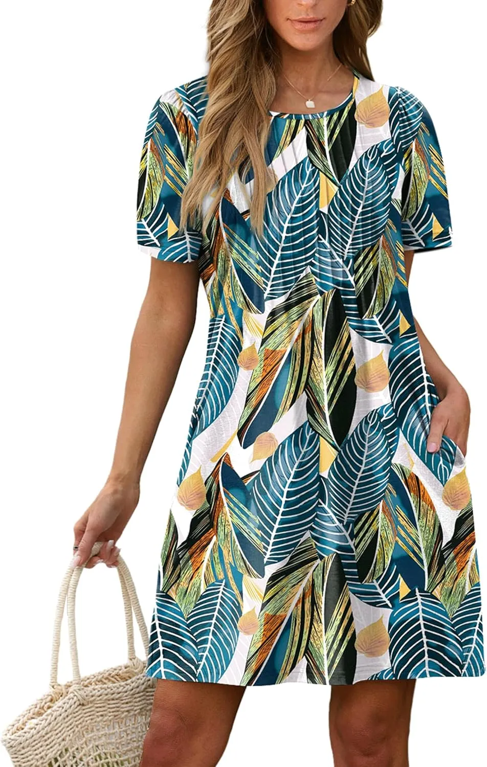 SAMPEEL Womens Pleated Front Summer Dresses Casual Short Sleeve T Shirts Dress with Pockets Vacation Beach Cover Up