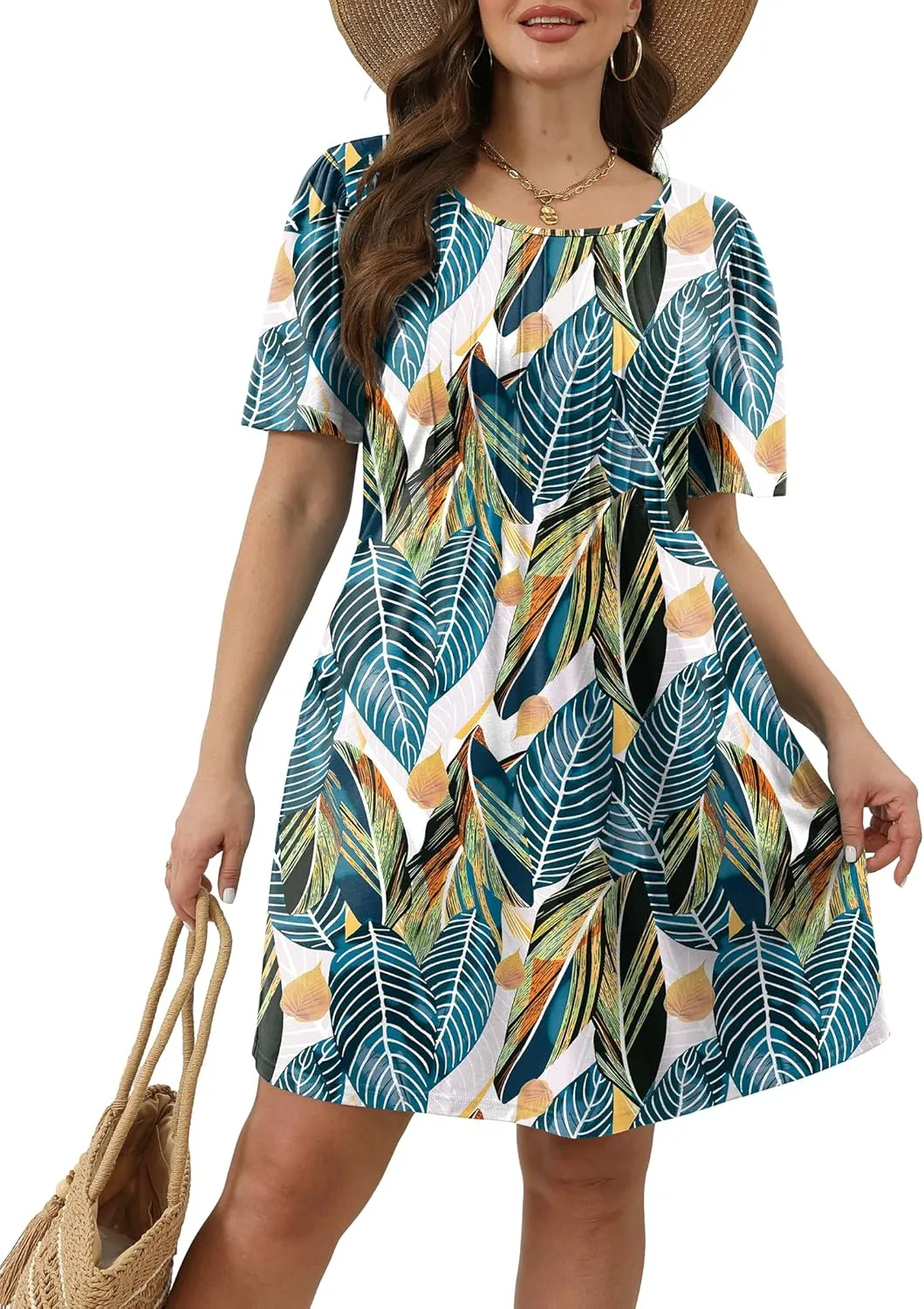 SAMPEEL Womens Pleated Front Summer Dresses Casual Short Sleeve T Shirts Dress with Pockets Vacation Beach Cover Up