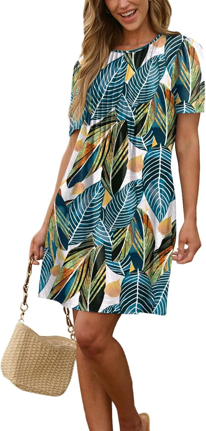 SAMPEEL Womens Pleated Front Summer Dresses Casual Short Sleeve T Shirts Dress with Pockets Vacation Beach Cover Up