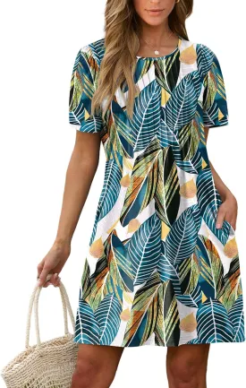 SAMPEEL Womens Pleated Front Summer Dresses Casual Short Sleeve T Shirts Dress with Pockets Vacation Beach Cover Up