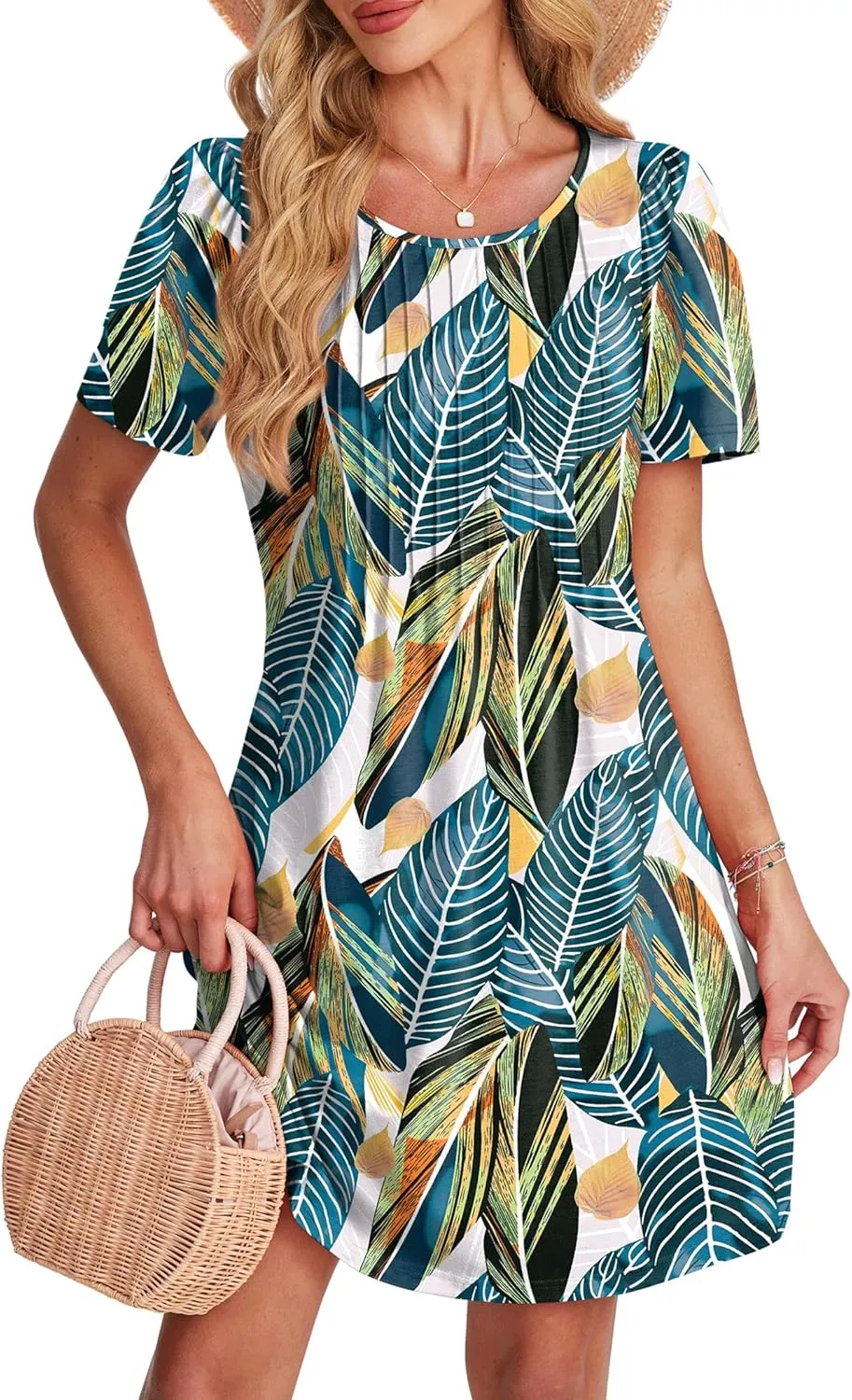 SAMPEEL Womens Pleated Front Summer Dresses Casual Short Sleeve T Shirts Dress with Pockets Vacation Beach Cover Up