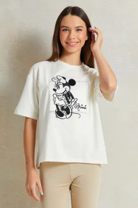 Senior Girls Beige Minnie Mouse Embellished T-Shirt