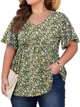 SHIJIALI Womens Plus Size Tops Flutter Sleeve Tunic Empire Waist V Neck Shirts Dressy Blouse