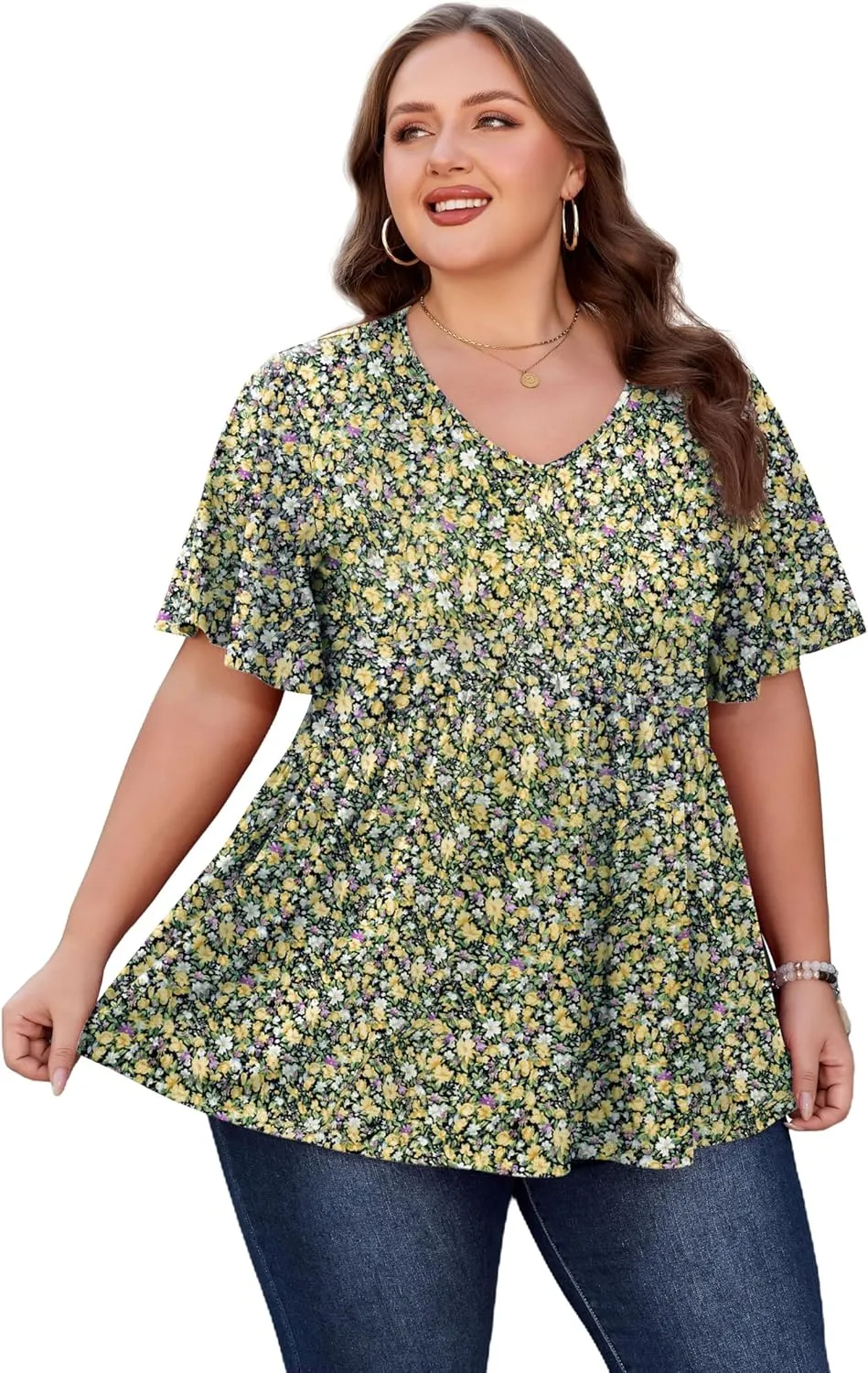 SHIJIALI Womens Plus Size Tops Flutter Sleeve Tunic Empire Waist V Neck Shirts Dressy Blouse