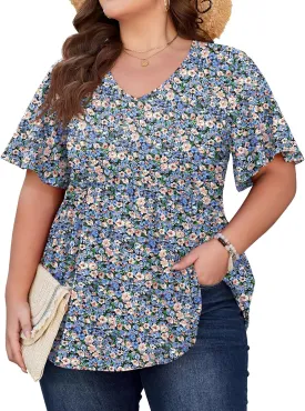 SHIJIALI Womens Plus Size Tops Flutter Sleeve Tunic Empire Waist V Neck Shirts Dressy Blouse