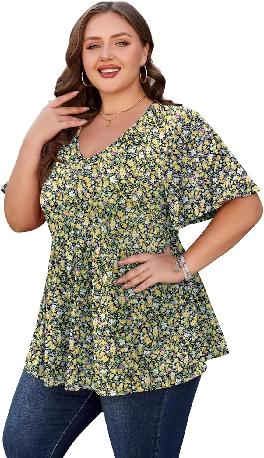 SHIJIALI Womens Plus Size Tops Flutter Sleeve Tunic Empire Waist V Neck Shirts Dressy Blouse