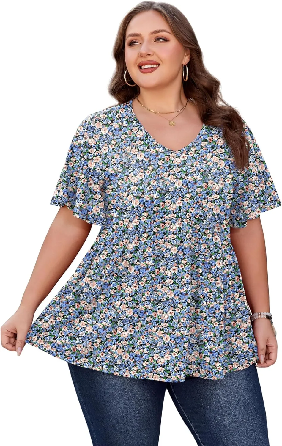 SHIJIALI Womens Plus Size Tops Flutter Sleeve Tunic Empire Waist V Neck Shirts Dressy Blouse