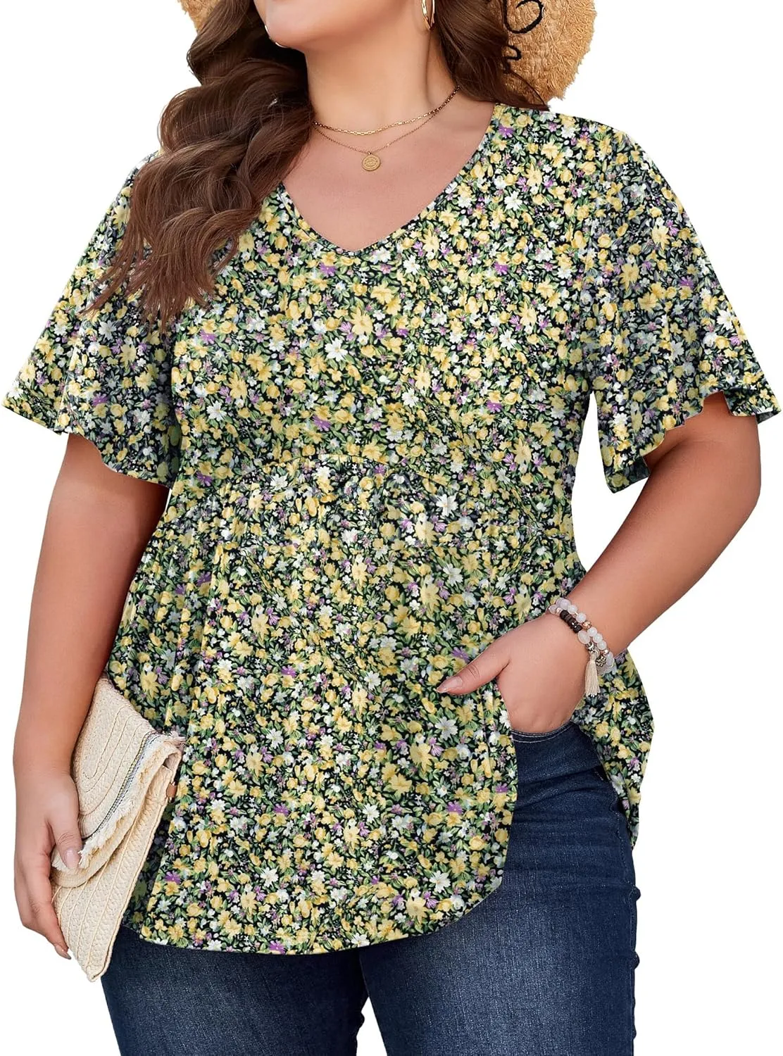 SHIJIALI Womens Plus Size Tops Flutter Sleeve Tunic Empire Waist V Neck Shirts Dressy Blouse