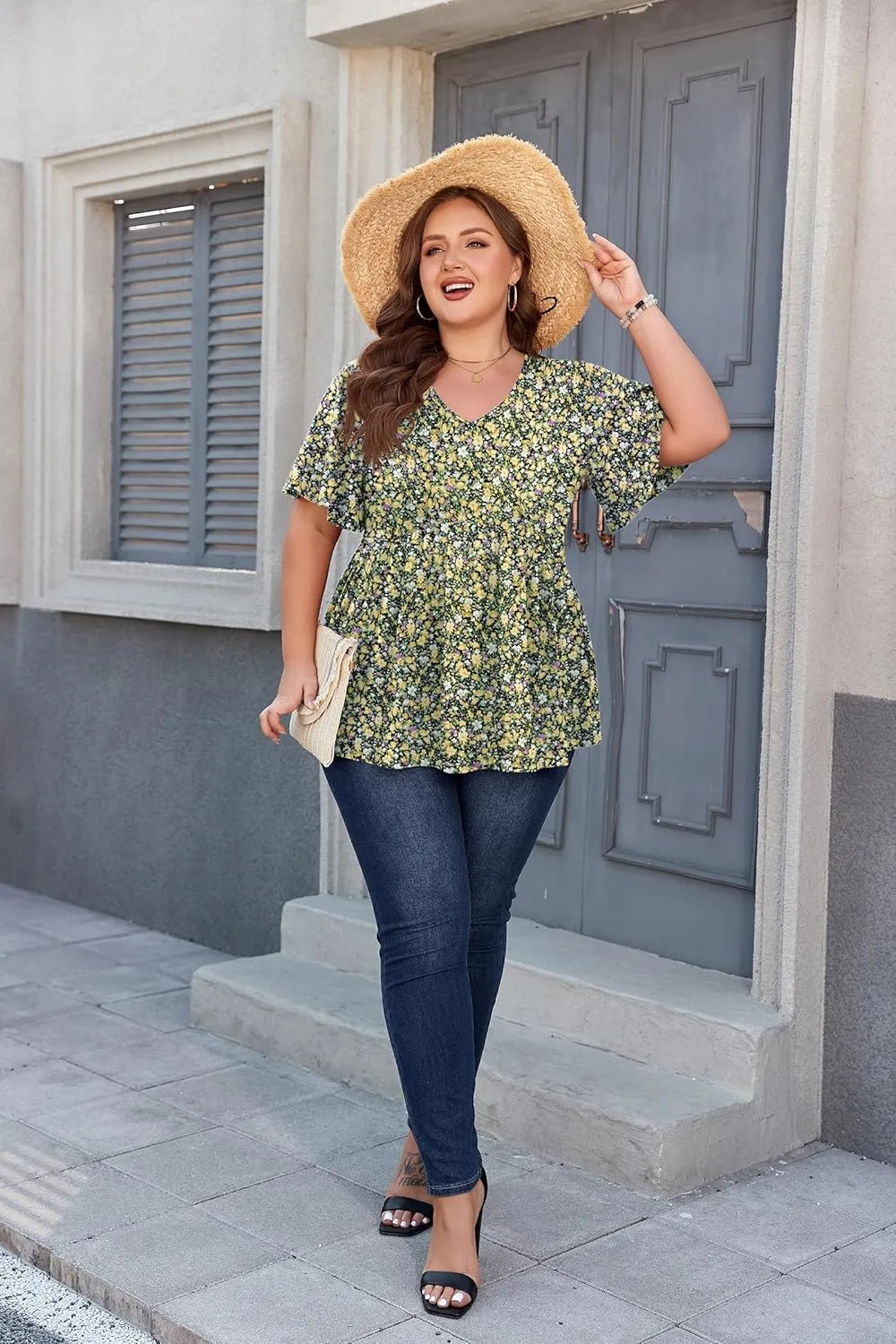 SHIJIALI Womens Plus Size Tops Flutter Sleeve Tunic Empire Waist V Neck Shirts Dressy Blouse