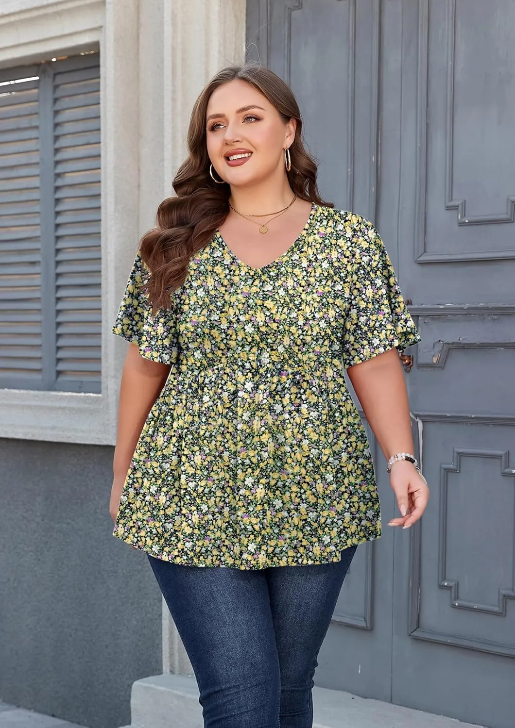 SHIJIALI Womens Plus Size Tops Flutter Sleeve Tunic Empire Waist V Neck Shirts Dressy Blouse