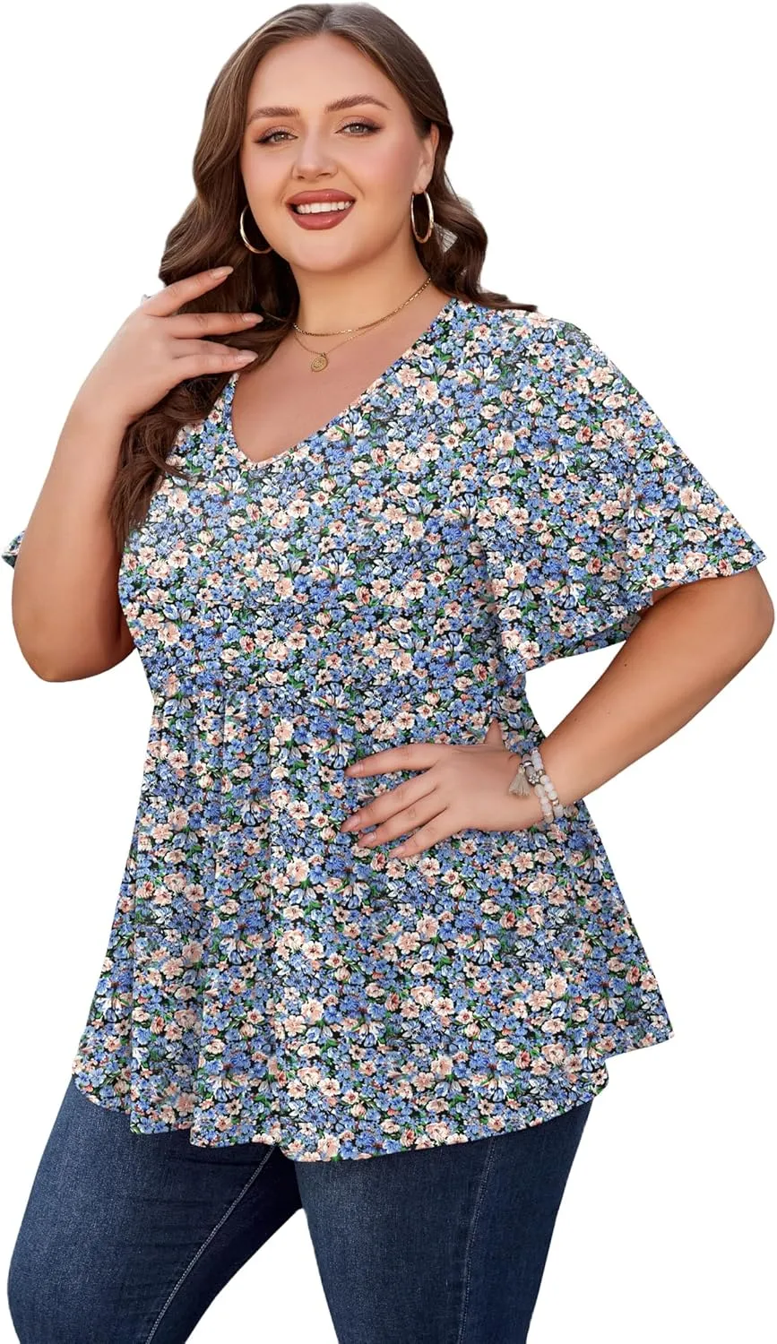 SHIJIALI Womens Plus Size Tops Flutter Sleeve Tunic Empire Waist V Neck Shirts Dressy Blouse