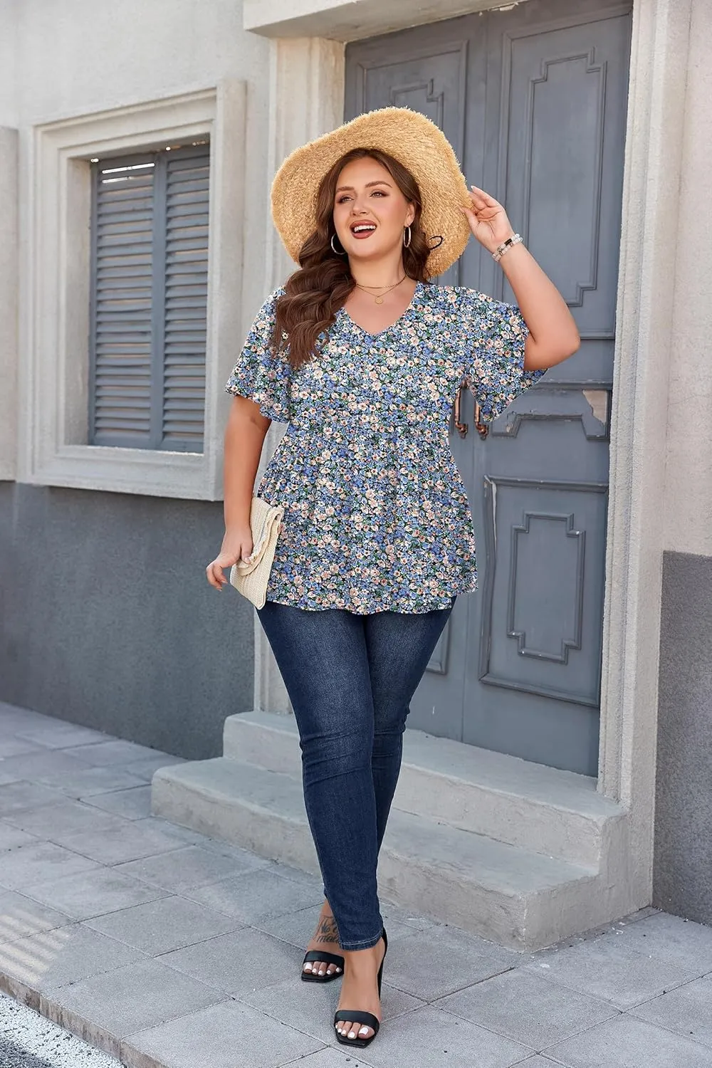 SHIJIALI Womens Plus Size Tops Flutter Sleeve Tunic Empire Waist V Neck Shirts Dressy Blouse