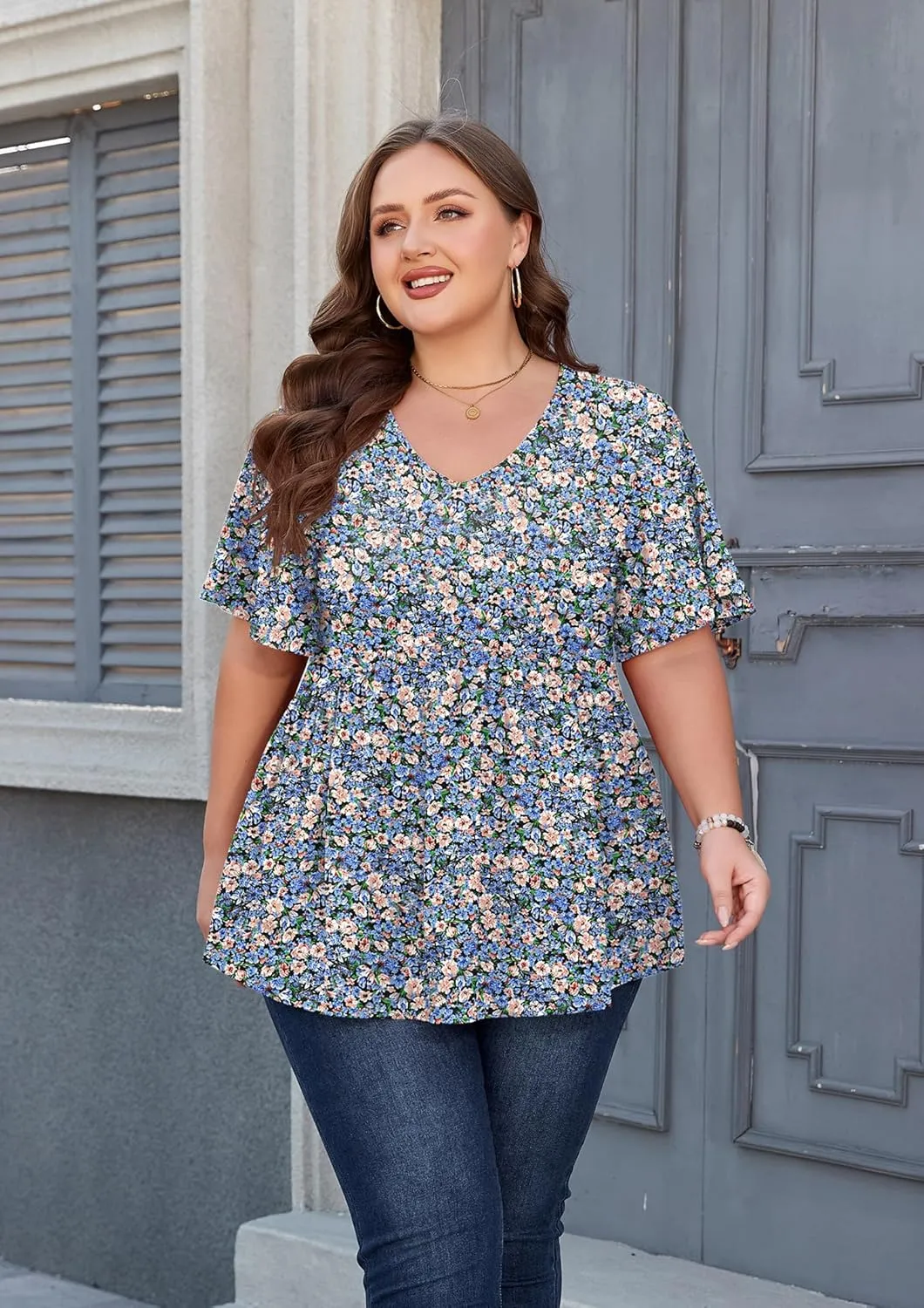 SHIJIALI Womens Plus Size Tops Flutter Sleeve Tunic Empire Waist V Neck Shirts Dressy Blouse