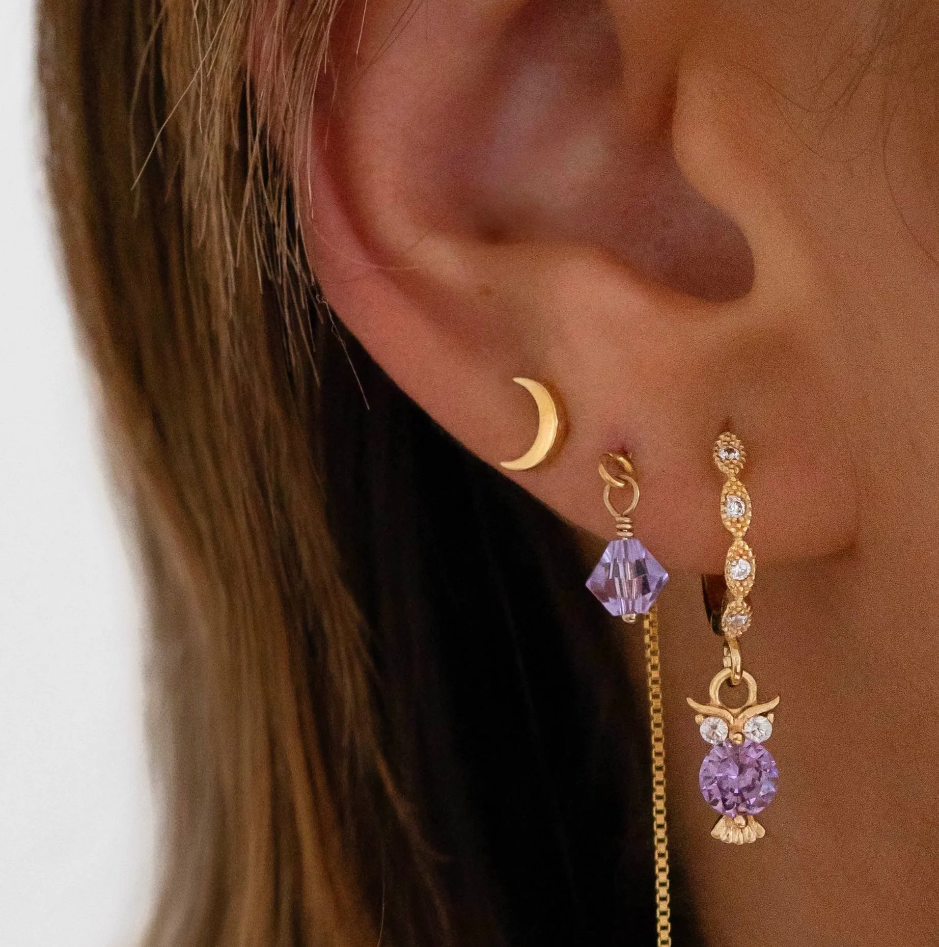 Silver Small Violet Owl Earring