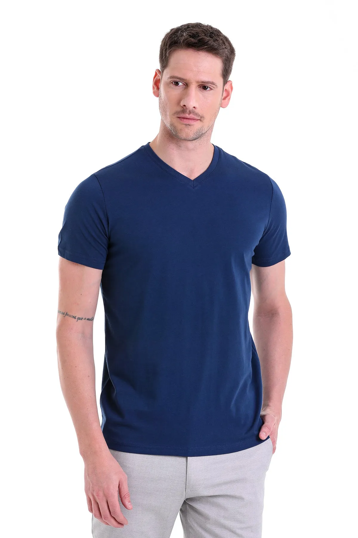 Slim Fit Basic Cotton Indigo V-Neck T-Shirt