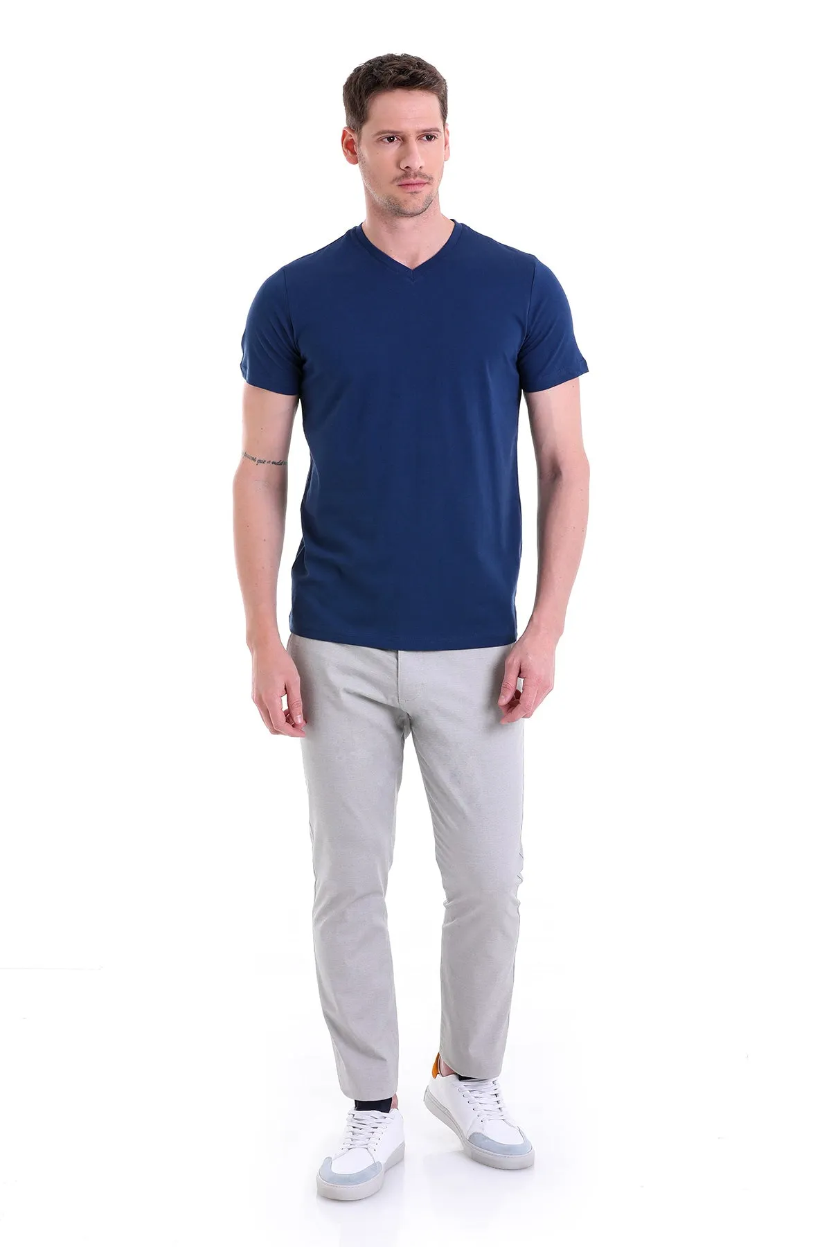 Slim Fit Basic Cotton Indigo V-Neck T-Shirt