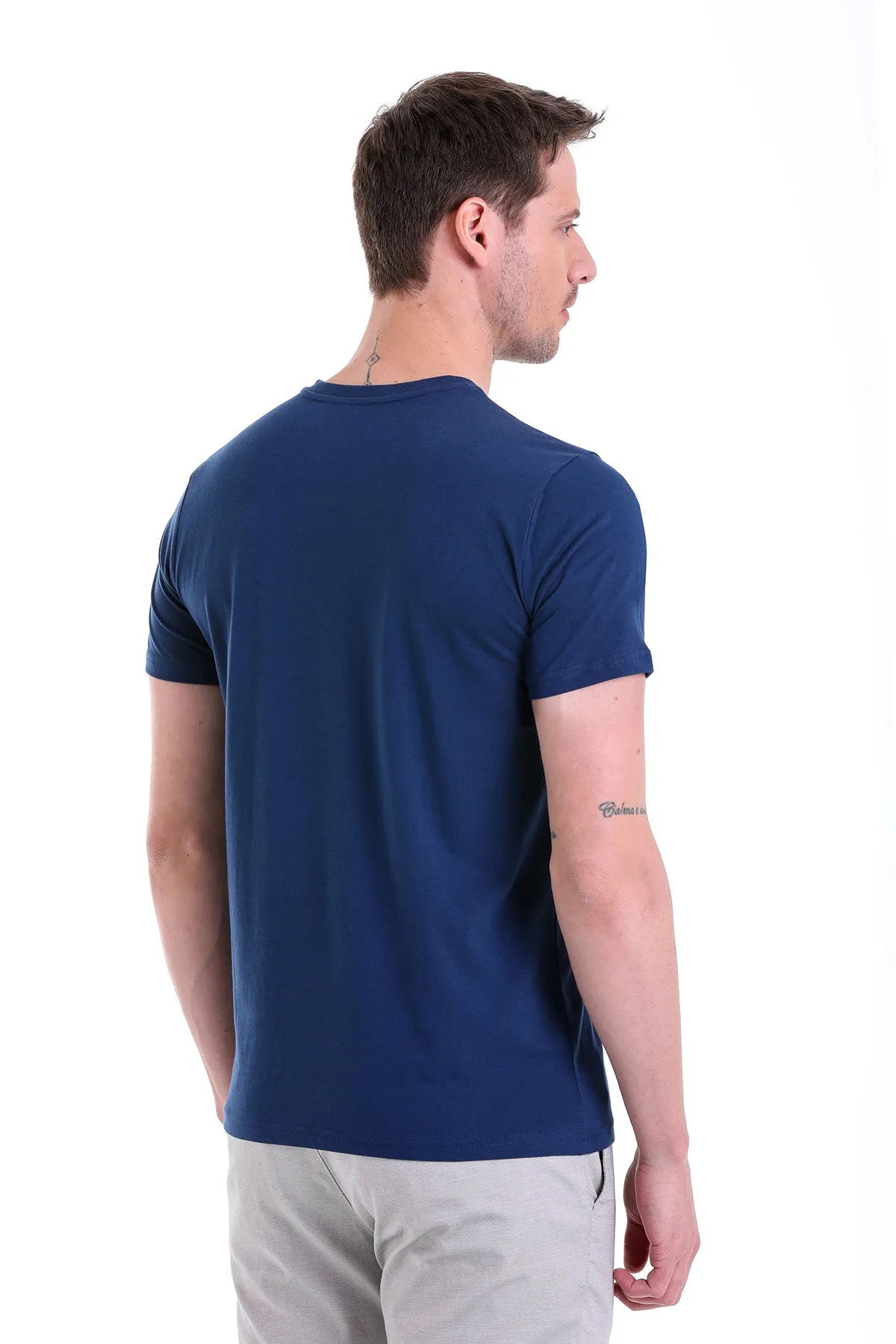 Slim Fit Basic Cotton Indigo V-Neck T-Shirt
