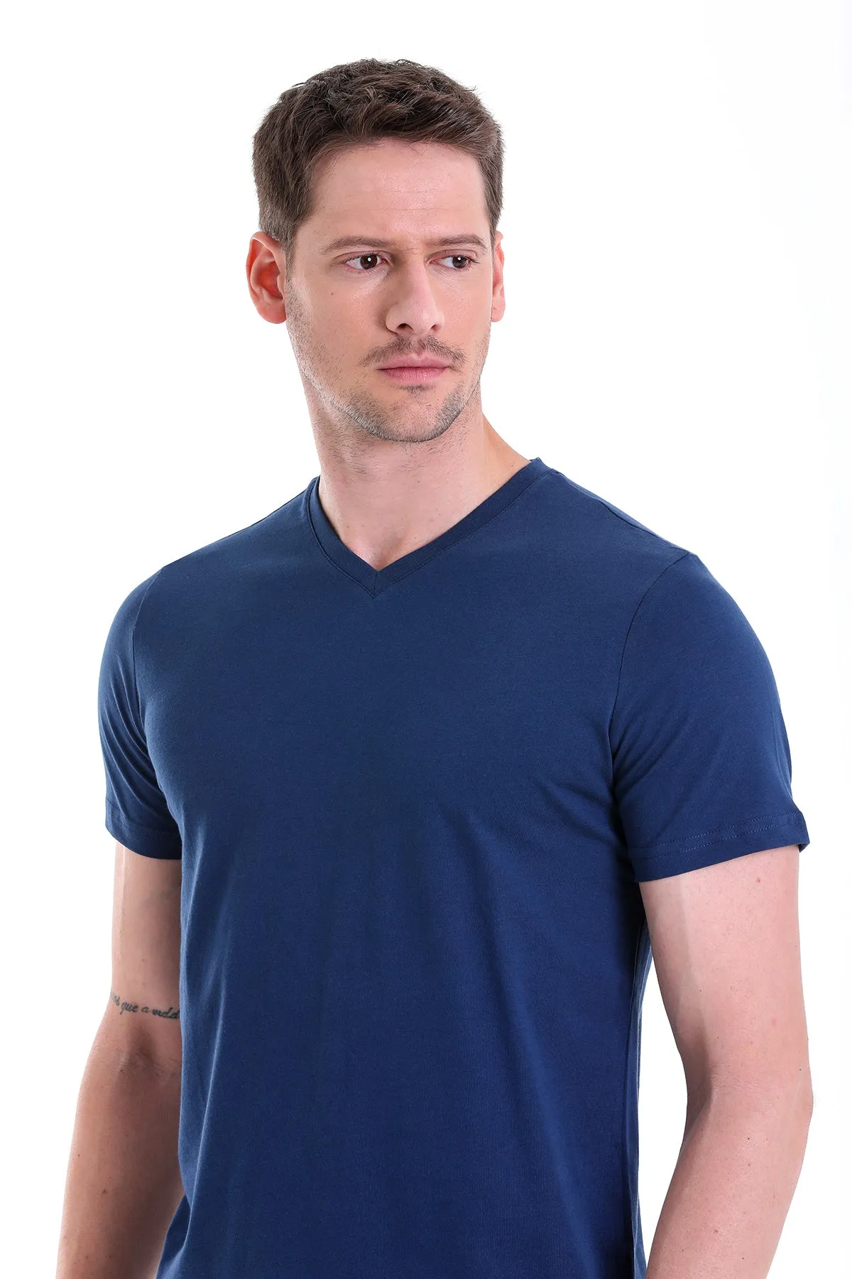 Slim Fit Basic Cotton Indigo V-Neck T-Shirt