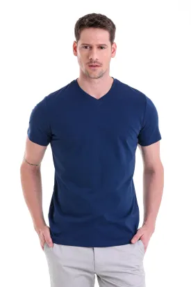 Slim Fit Basic Cotton Indigo V-Neck T-Shirt