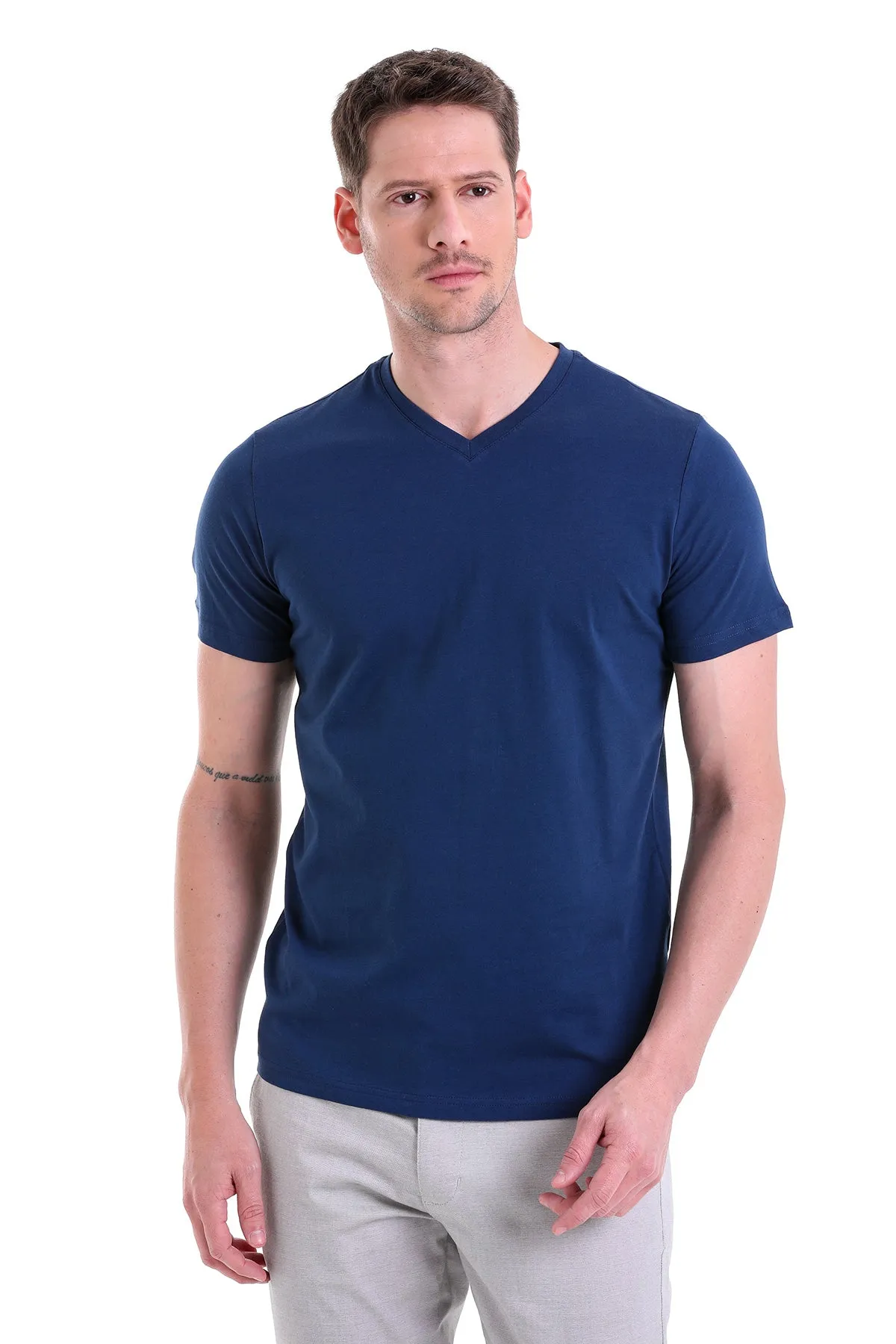 Slim Fit Basic Cotton Indigo V-Neck T-Shirt