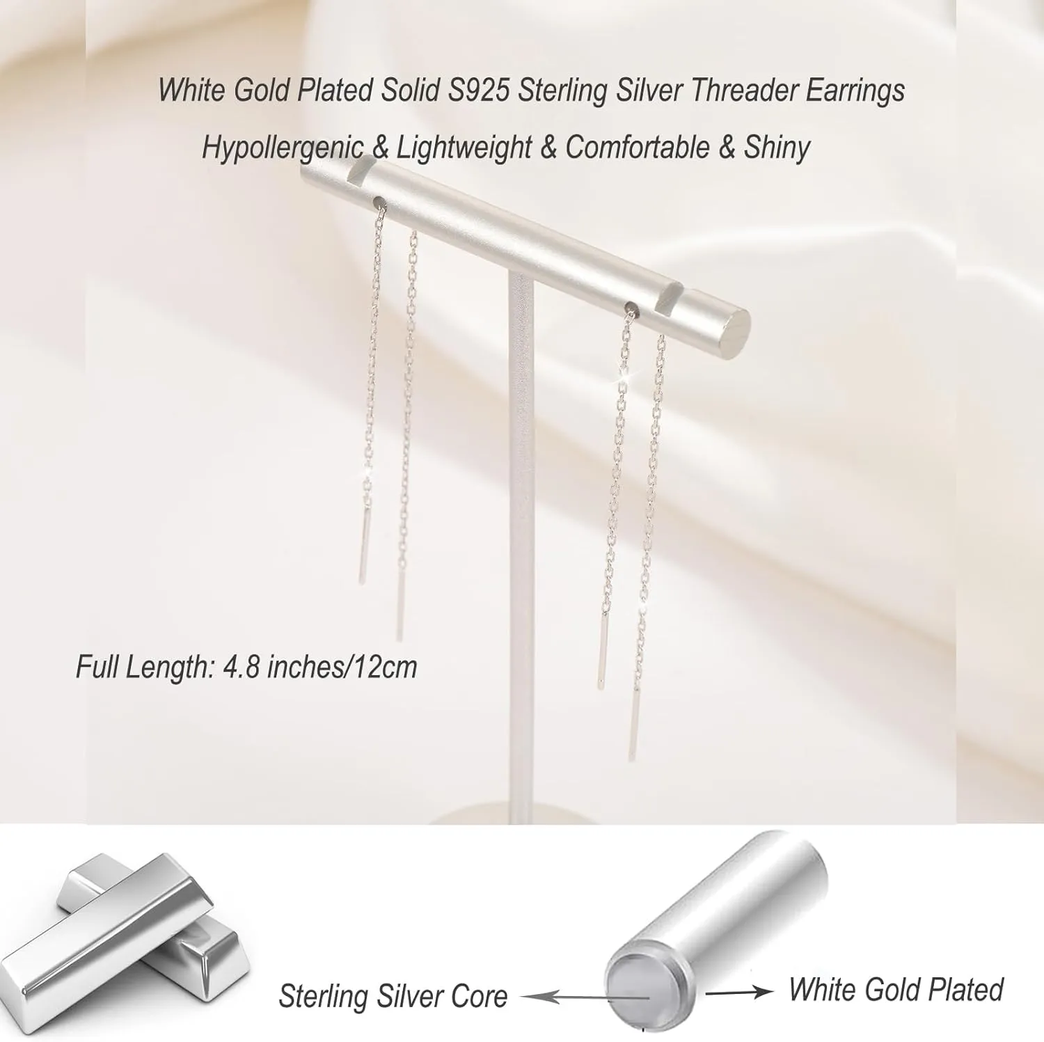 Sterling Silver Threader Chain Dangle Earrings,Versatile & Comfortable Hypoallergenic Silver Earrings Gold Plated 4.8 Inches