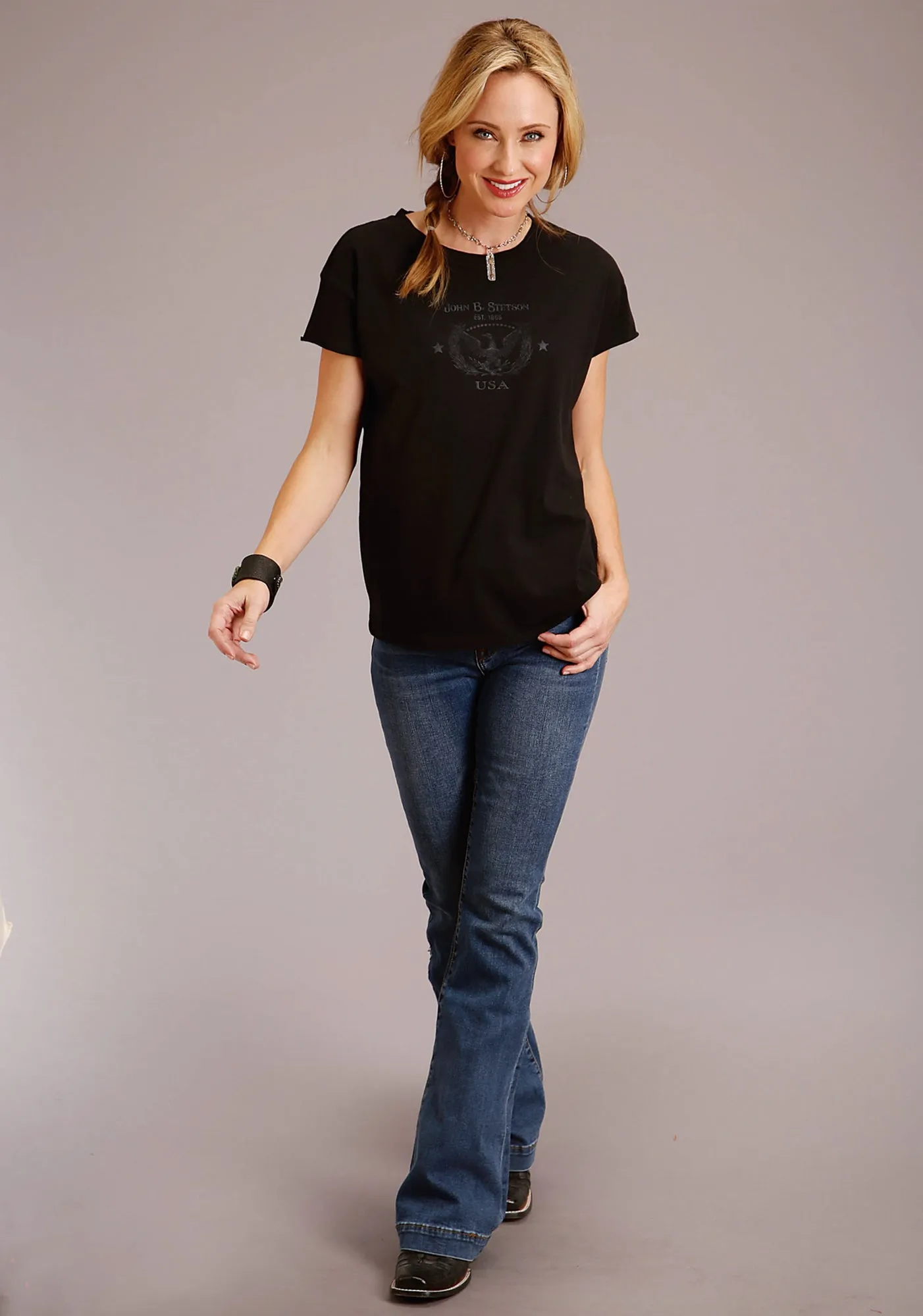Stetson Womens Black 100% Cotton Eagle Usa S/S T-Shirt