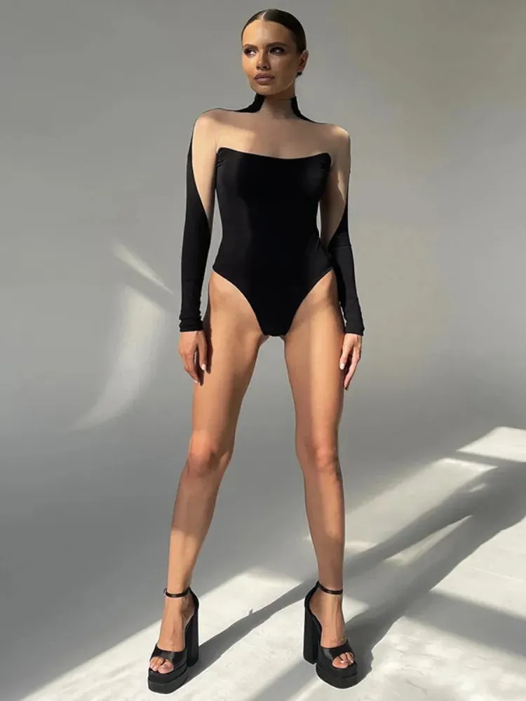 Trendy Mesh Transparent Long Sleeve Bodysuit