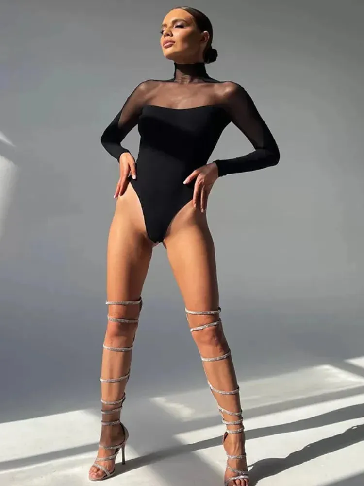 Trendy Mesh Transparent Long Sleeve Bodysuit